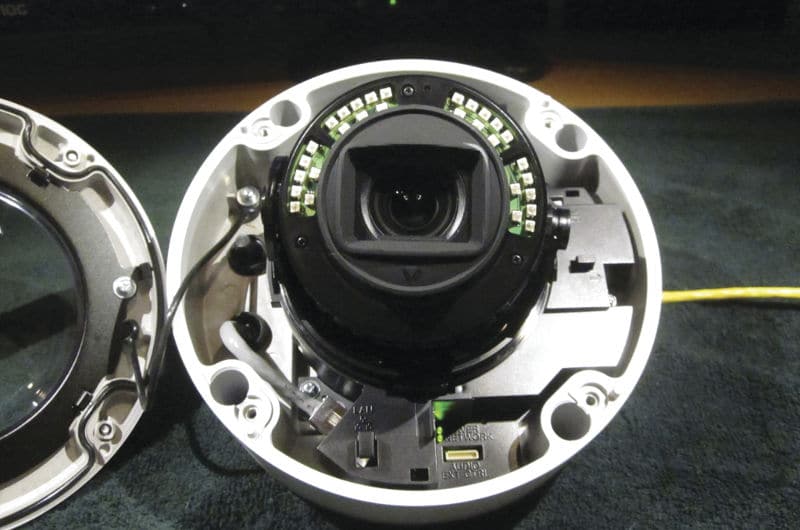 The SNC-VM772R has a half moon of IR illuminators built in to its housing, and a rubbery lens protector/shroud to block out the majority of IR “blow-back.”