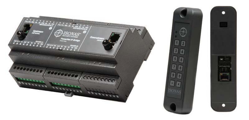 The PowerNet IP Bridge (above) is used to take over existing panel-based systems and connect them to Pure IP Access. Readers (right) may include an optional keyboard and feature a built-in controller.