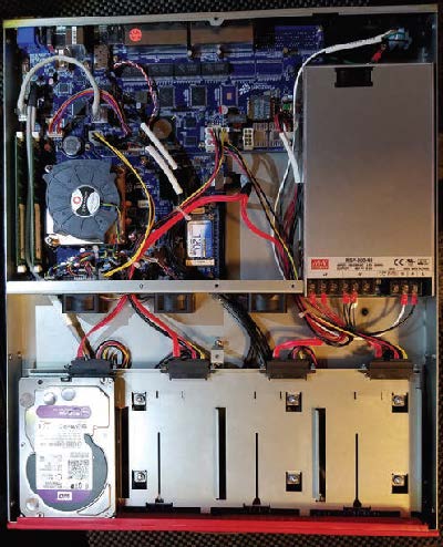 (top) The RED3 has 16 10/100 ports for cameras and a 1Gbps combo Ethernet/SFP uplink port for external cameras or viewing workstations. Four accessible HDD bays (bottom) provide a variety of data storage options.