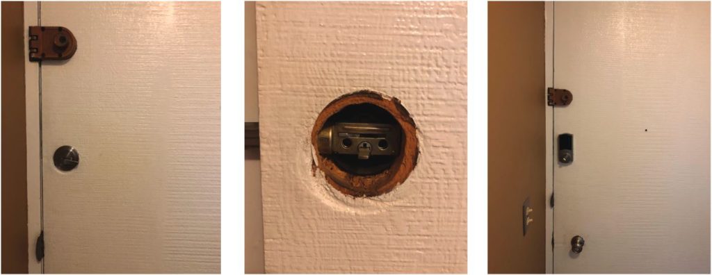 Adding the Kwikset Convert to an existing lock is fairly straightforward. Remove the interior portion of the existing deadbolt (left), determine the conversion kit needed (center) and replace the old thumbturn with the new Convert (right).