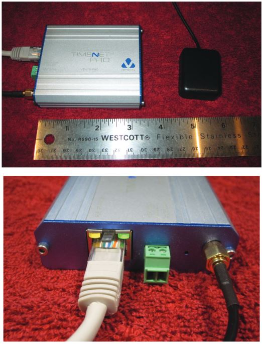 The time server is smaller than the size of a deck of playing cards. The housing is constructed from aluminum and has a solid feel. Its three connections are an RJ-45 jack for net-work and PoE connectivity, two-pin auxiliary power connector and gold-plated SMA coaxial connector.